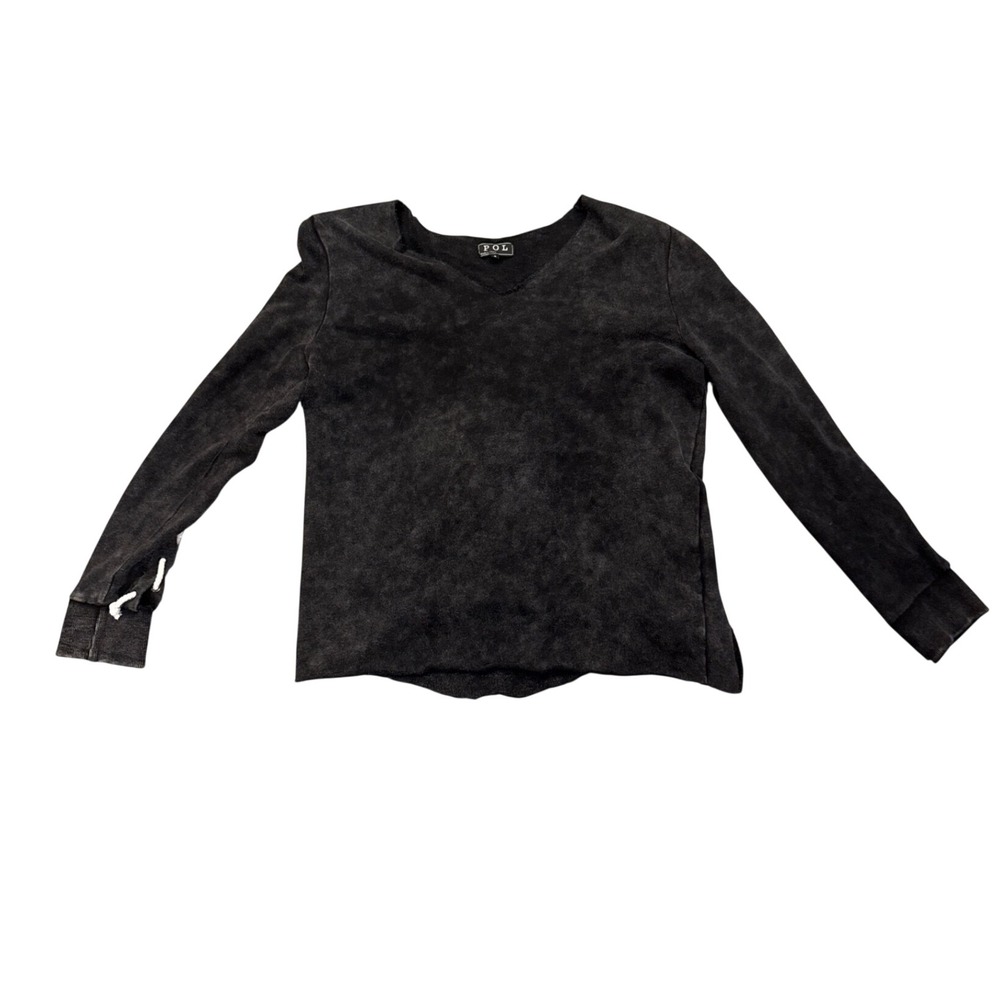 POL Womens S Mineral Wash Lace Up Long Sleeve Top Charcoal Gray Boho Distressed